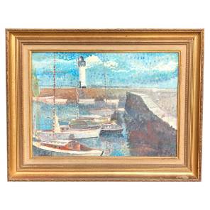 Post-Impressionist harbour lighthouse oil on canvas in gilt frame